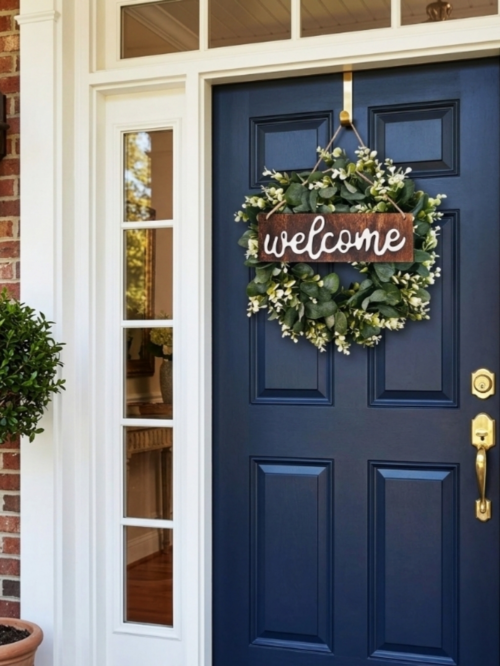 16" Lush Green Eucalyptus Leaves Welcome Wreath with Hanging Wooden Sign NWOT